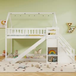 Twin Over Twin Bunk Bed with Slide Stairs Storage Shelves Wood Floor Bed for Kids Teens No Box Spring White, Customized