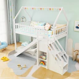 Twin Over Twin Bunk Bed with Slide Stairs Storage Shelves Wood Floor Bed for Kids Teens No Box Spring White, Customized