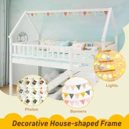 Twin Over Twin Bunk Bed with Slide Stairs Storage Shelves Wood Floor Bed for Kids Teens No Box Spring White, Customized