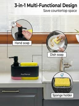 3-in-1 Kitchen Soap Dispenser Set Dual Pump for Dish Hand Soap Sponge Caddy Holder Countertop Organizer Sink Storage Black&White