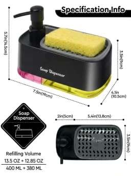 3-in-1 Kitchen Soap Dispenser Set Dual Pump for Dish Hand Soap Sponge Caddy Holder Countertop Organizer Sink Storage Black&White