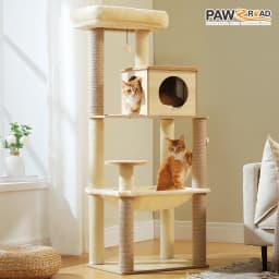 Wood Cat Tree with Sisal Scratching Posts Large Hammock Cozy Condo Bed Multi-Level Cat Tower for Indoor Cats Furniture Cat Toys