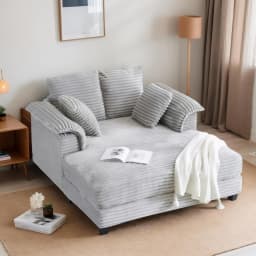 56" Oversized Chaise Lounge Chair, Black Comfy Corduroy Chaise Sofa Recliner Bed Upholstered Sleeper Couch Bed with Throw Pillow