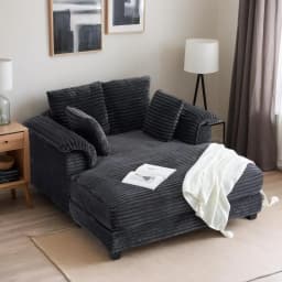 56" Oversized Chaise Lounge Chair, Black Comfy Corduroy Chaise Sofa Recliner Bed Upholstered Sleeper Couch Bed with Throw Pillow