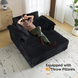 56" Oversized Chaise Lounge Chair, Black Comfy Corduroy Chaise Sofa Recliner Bed Upholstered Sleeper Couch Bed with Throw Pillow