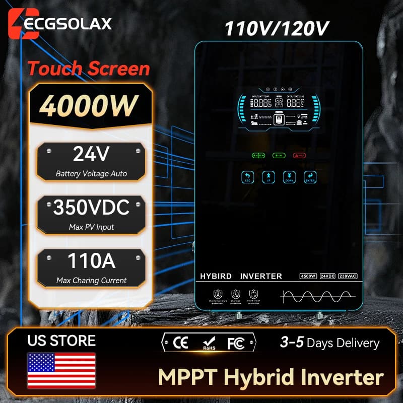 ECGSOLAX 4KW Hybrid Solar Inverter 24V 110V/120V Pure Sine Wave MPPT 150A Solar Charger Inverter Charger With LCD Touch Screen Off‑Grid Solar Power System