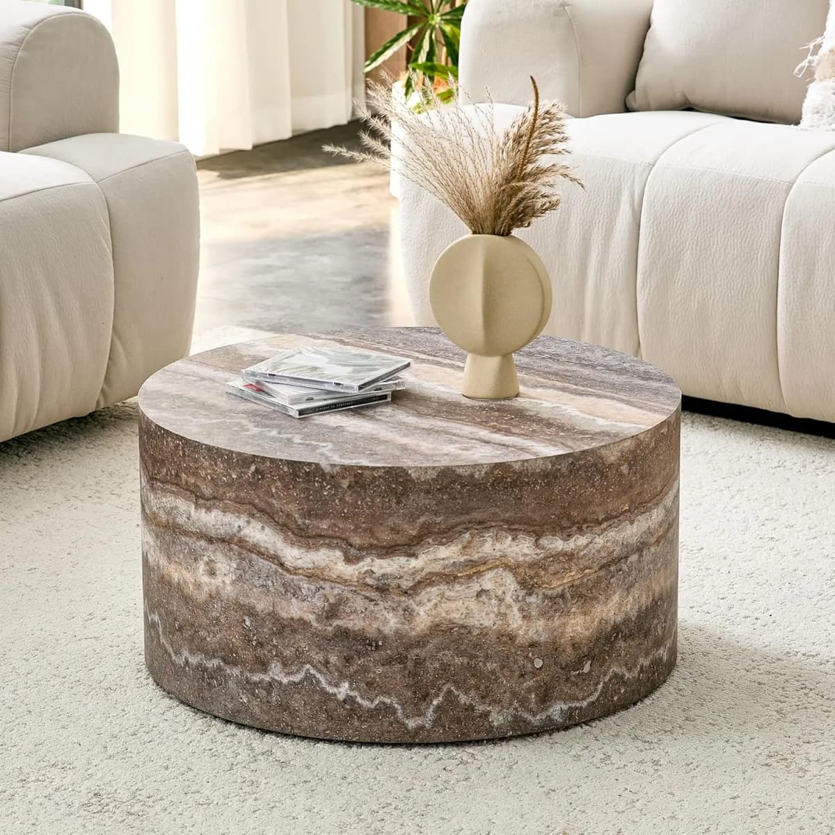 Round Coffee Table, 23.6" Modern Grey Faux Marble Drum Coffee Table, Round Accent Center Table for Living Room, Customized