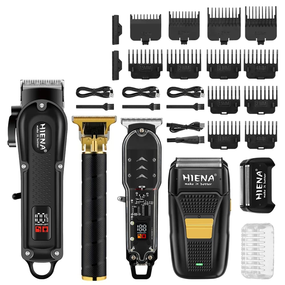 HIENA Professional Hair Clipper Set Cordless Barber Clippers with R-Type Adjustable Blade Hair Trimmer and Electric Foil shaver