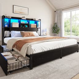 EnHomee Bed Frame with 4 Large Drawers & Charging Station & LED Lights Metal Platform Bed with 51" Tall Bookcase Headboard 9 Compartments, No Box Spring Needed, No Noise