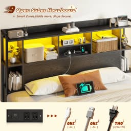 EnHomee Bed Frame with 4 Large Drawers & Charging Station & LED Lights Metal Platform Bed with 51" Tall Bookcase Headboard 9 Compartments, No Box Spring Needed, No Noise
