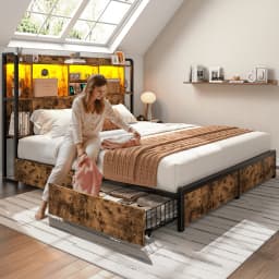 EnHomee Bed Frame with 4 Large Drawers & Charging Station & LED Lights Metal Platform Bed with 51" Tall Bookcase Headboard 9 Compartments, No Box Spring Needed, No Noise