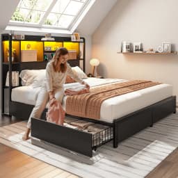 EnHomee Bed Frame with 4 Large Drawers & Charging Station & LED Lights Metal Platform Bed with 51" Tall Bookcase Headboard 9 Compartments, No Box Spring Needed, No Noise