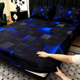 3pcs Cool Technology Digital Printing Material Plaid Fitted Sheet(1pc Bed Sheet+2pcs Pillowcase No Filling) Deep Pocket In 15 In