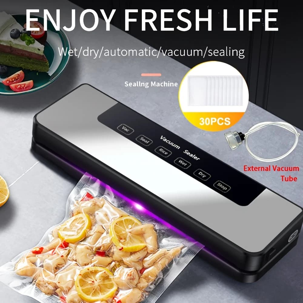 6-in-1 Food Vacuum Sealer Machine – 65KPa Strong Suction, Stainless Steel, Dry/Wet Modes with 20 Bags, Automatic Grey