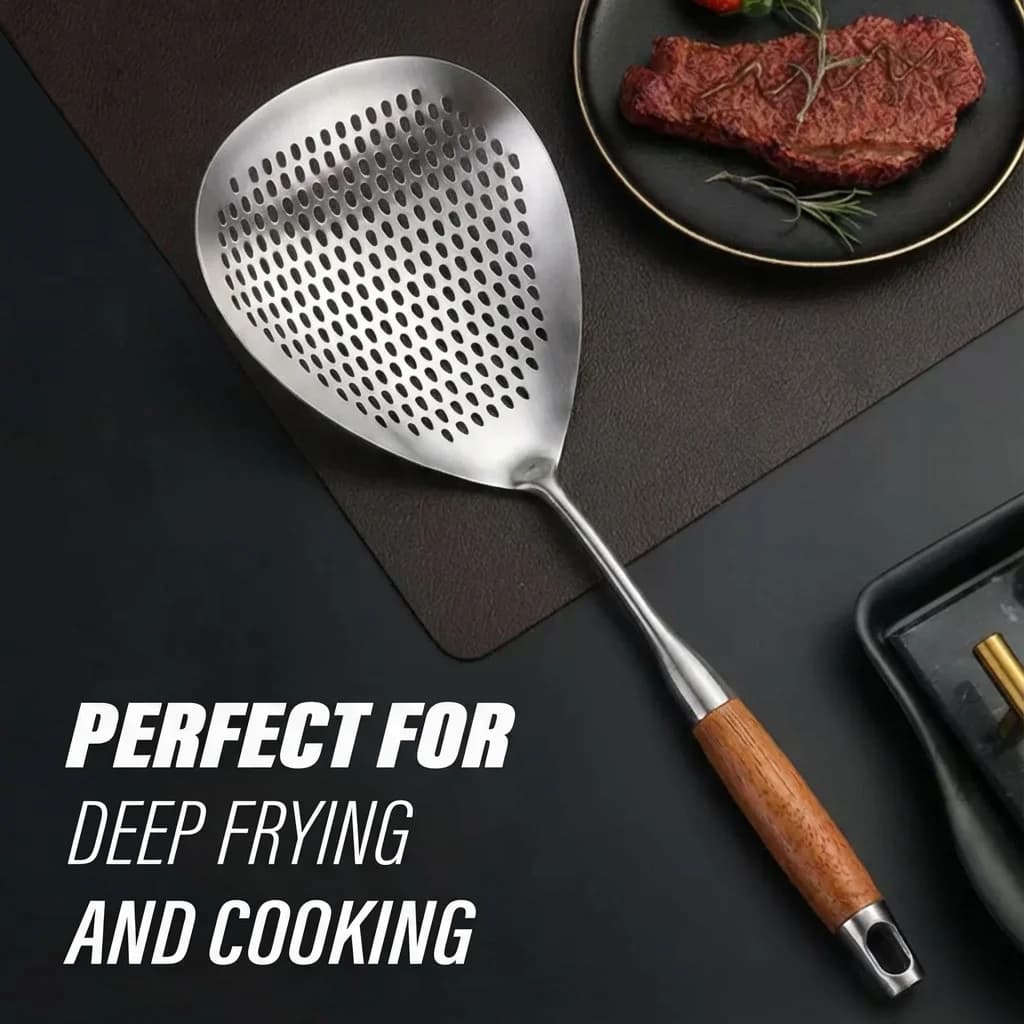 1Pc High-Temp Resistant Stainless Steel Ladle Skimmer - Heavy-Duty Fine Mesh Ergonomic Handle for Frying Hot Pot Kitchen Use