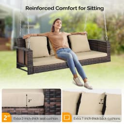 Outdoor Wicker Rattan Hanging Swing Set with Cushions, 5FT Heavy Duty 800 LBS Porch Swing for Yard, Garden, Lawn, Customized