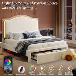 Twin Upholstered Platform Bed with Storage Drawers 51" Adjustable Velvet Headboard RGB LED Lights No Box Spring Girls Room Cream