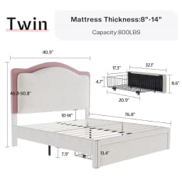 Twin Upholstered Platform Bed with Storage Drawers 51" Adjustable Velvet Headboard RGB LED Lights No Box Spring Girls Room Cream