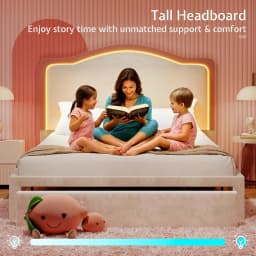 Twin Upholstered Platform Bed with Storage Drawers 51" Adjustable Velvet Headboard RGB LED Lights No Box Spring Girls Room Cream