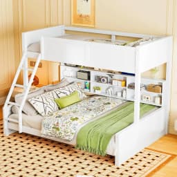 Twin XL Over Queen Bunk Bed Storage USB Kids Teens Bedroom Antique White Customized