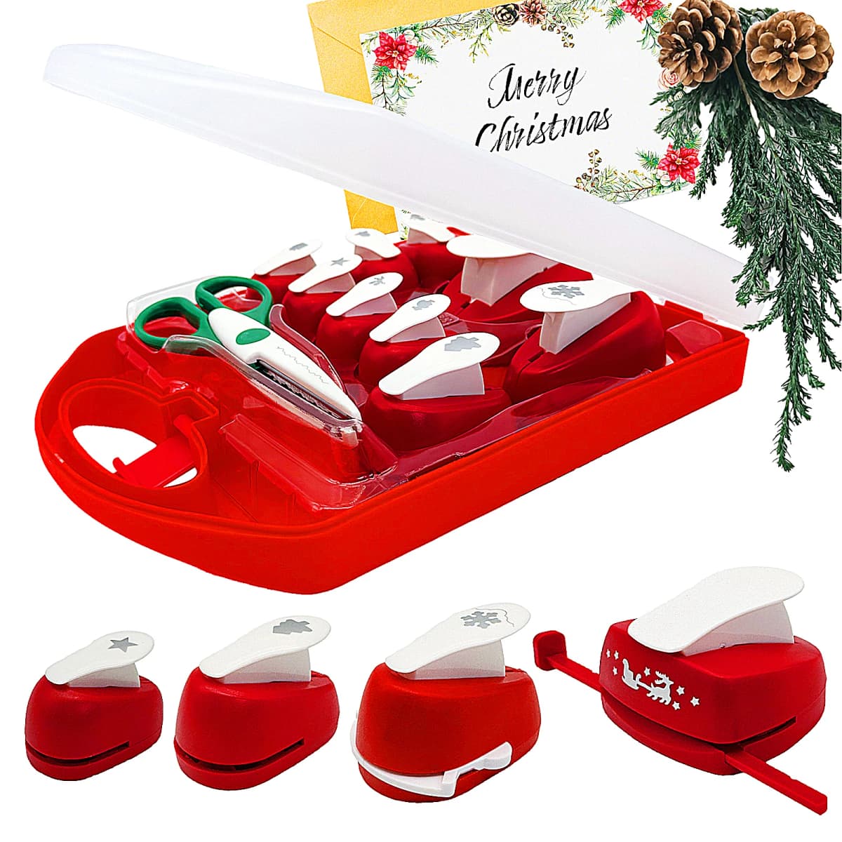 Christmas Pattern Punch Set with Lace Scissors, 9 Xmas Shapes Paper Hole Punch for Holiday Card DIY Scrapbooking Decor