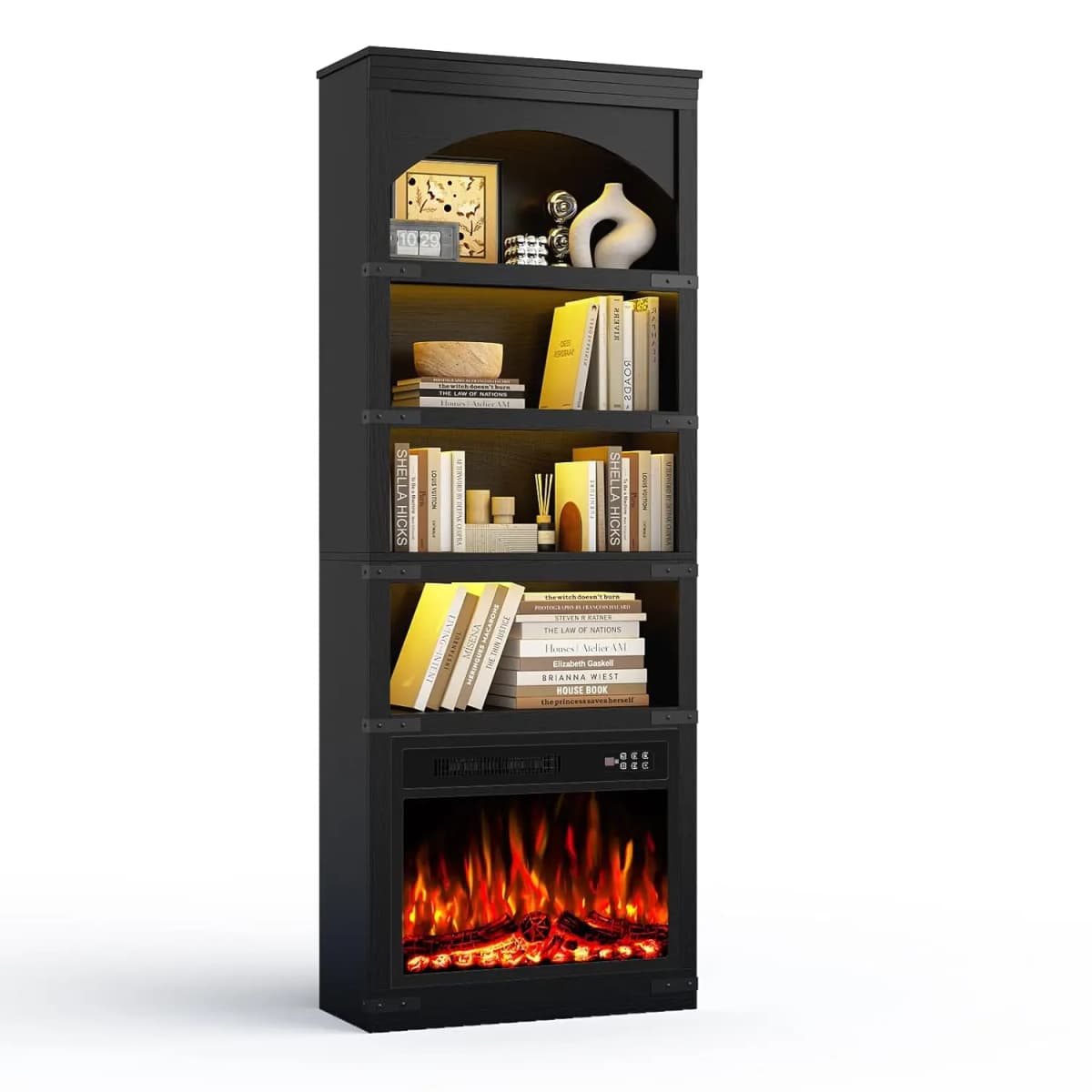 71" Arched 4-Tier Floor Bookshelf with Electric Fireplace & LED, Living Room, 750W/1500W, Black, Customized