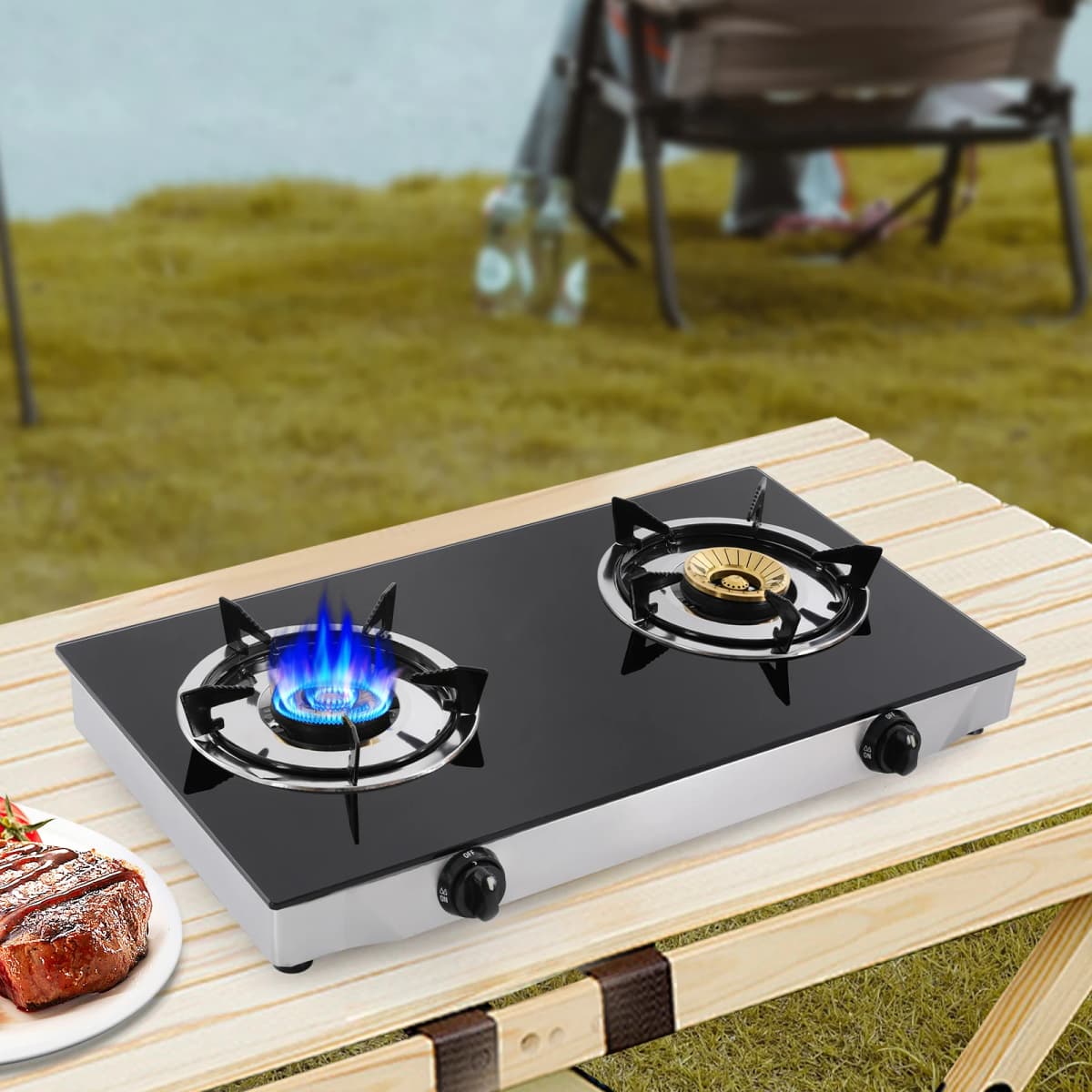 Modern 2 Burners Portable Gas Stove 3.5KW LPG Tempered Glass Countertop Gas Cooker Piezoelectric Ignition 65% Thermal Efficiency