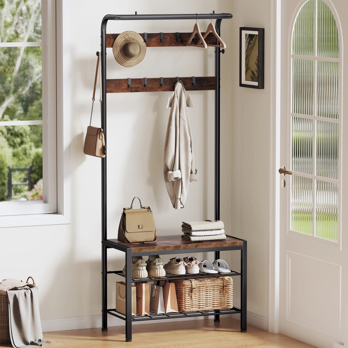 JHK 4-in-1 Coat Rack with Shoe Bench Entryway Bench with Shoe Storage Hooks Mudroom Storage Organizer with Shelves For Home