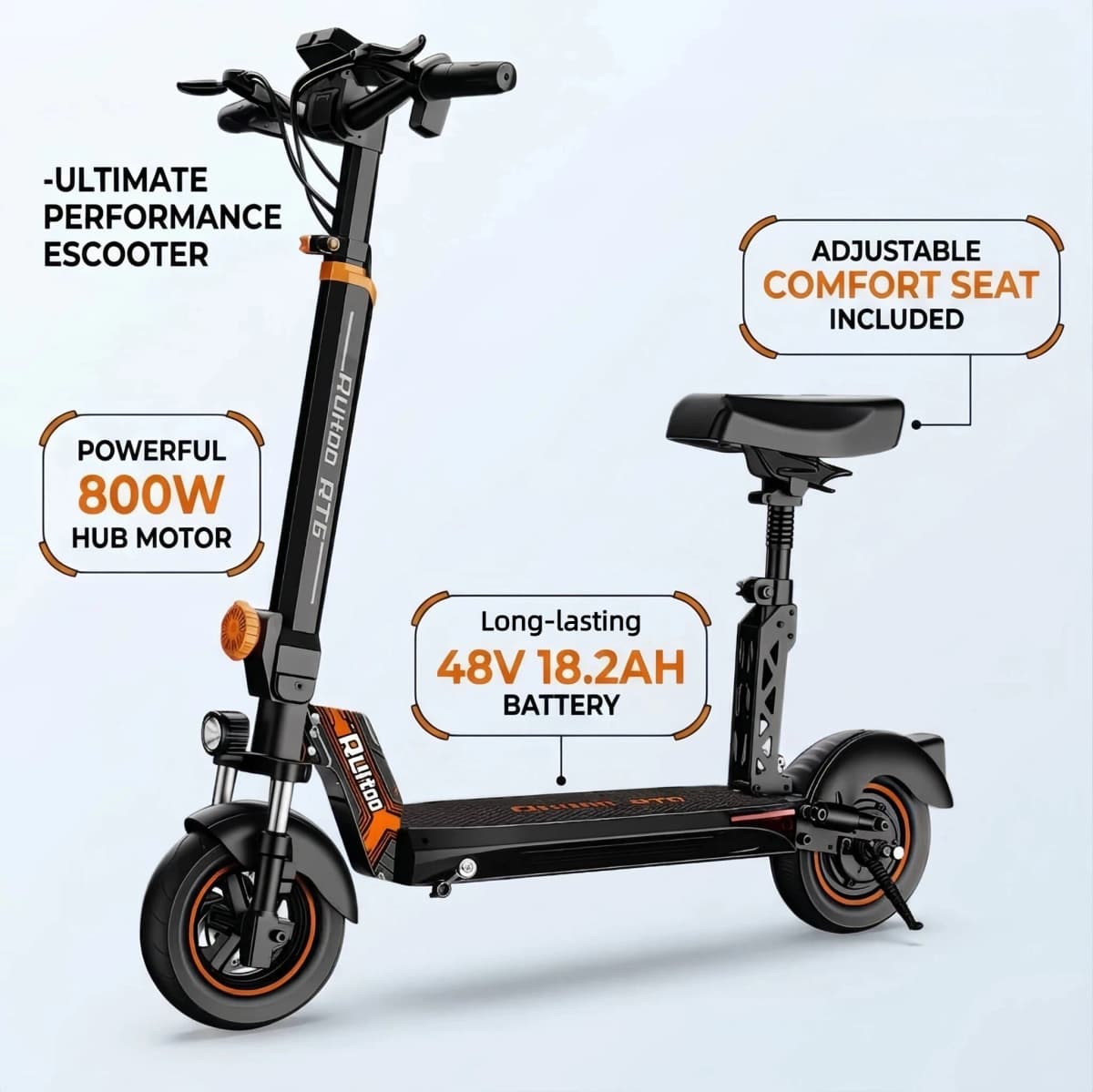 Electric Scooter for Adults with Seat, 800W Motor, 48V 18.2Ah Battery, Up to 34 Miles Range, 10" Off-Road Tires, Foldable E Scooter, LED Display, Disc Brakes