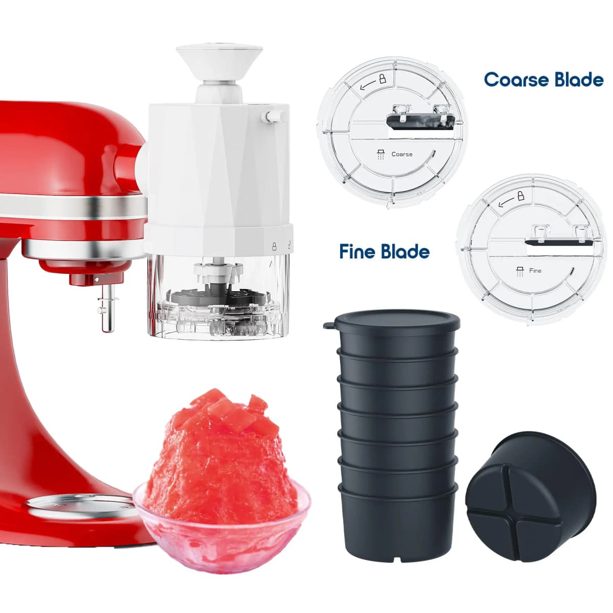 Shaved Ice Machine for KitchenAid Stand Mixer with Coarse and Fine Blades 8 Ice Cube Molds Snow Cone Maker