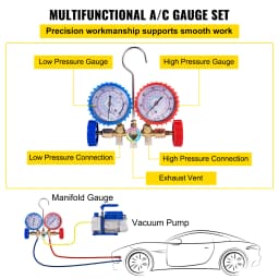 SucceBuy 3CFM 1/4HP Single Stage Air Vacuum Pump HVAC R134a R12 R22 R410a A/C Refrigeration Kit AC Manifold Gauge R134 Can Tap