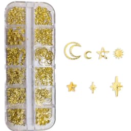 12-Grid Box of 3D Golden Nail Art Decorations - Metallic Star, Moon, Heart, Triangle, Square Nai