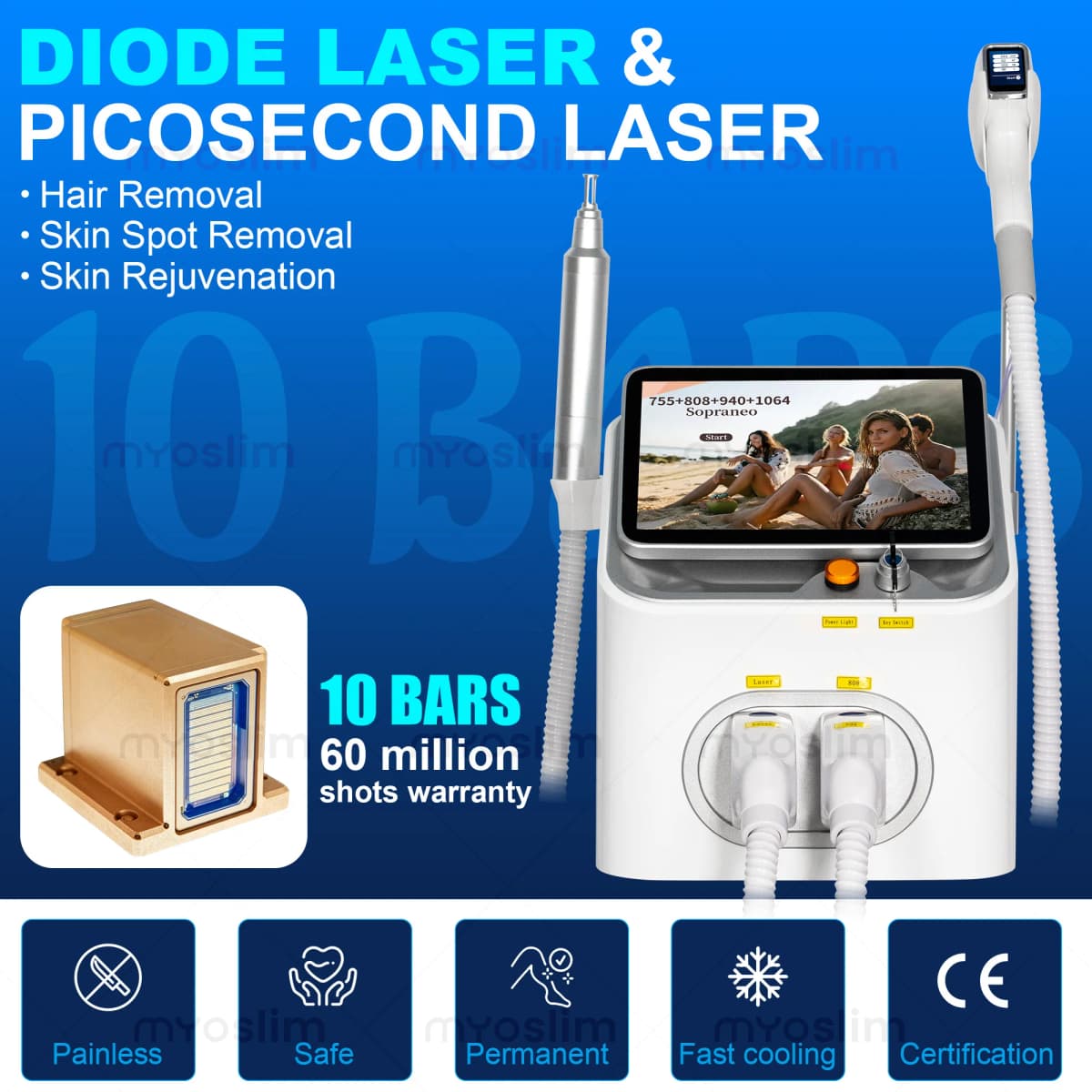 2IN1 Diode Laser 5000w FAC 10 Bars Hair Removal Machine Picosecond Qswitch ND YAG 1064NM Tattoo Removal Machine 4 Waves