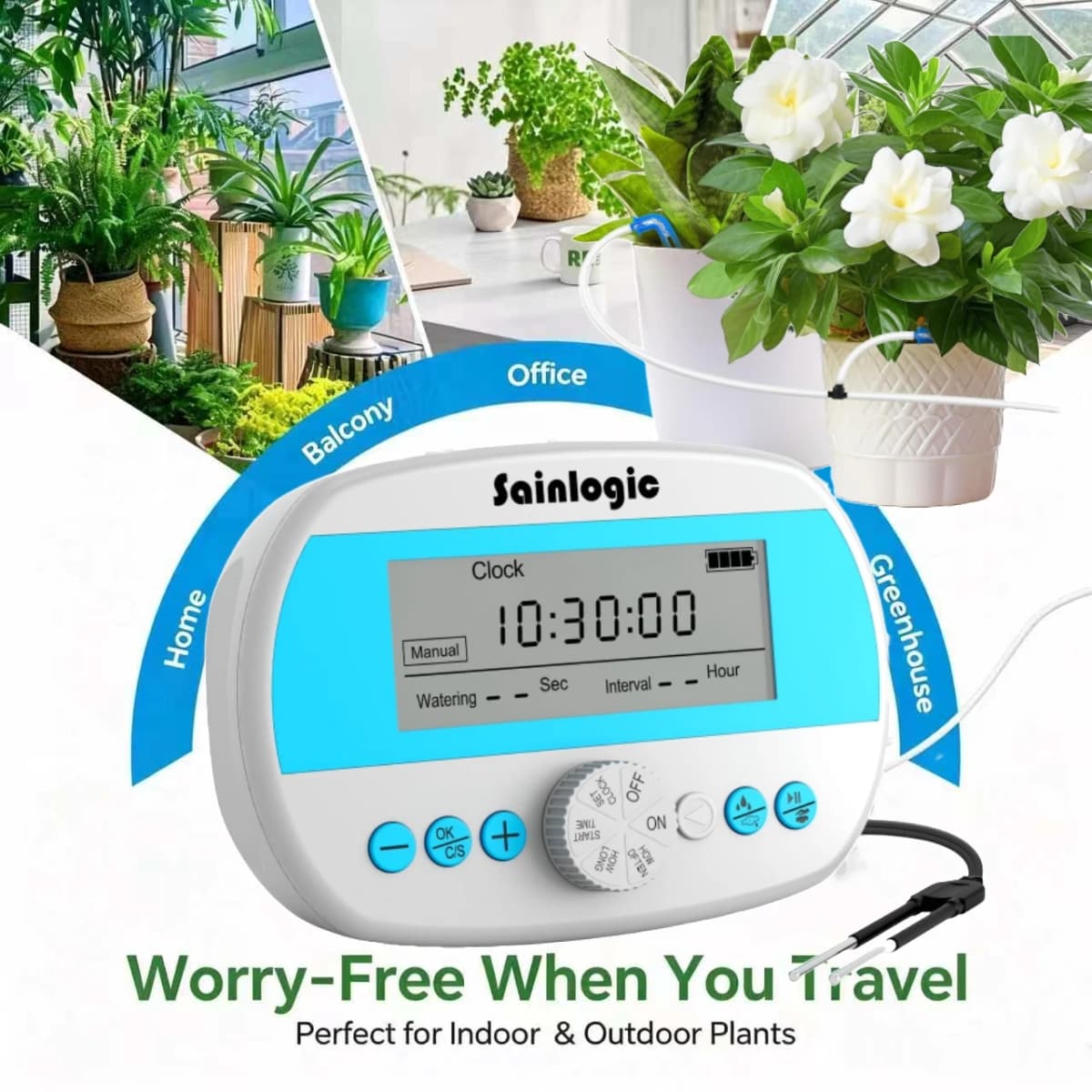 Sainlogic Drip Irrigation Kit, Auto Plant Watering System, Anti-Siphoning Device, 15 Pots DIY Timer Pump for Indoor Garden