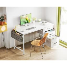 40" Small Home Office Computer Desk Snow White Fabric Drawers File Cabinet Storage Bag Hook Writing Desk for Bedroom Small Space