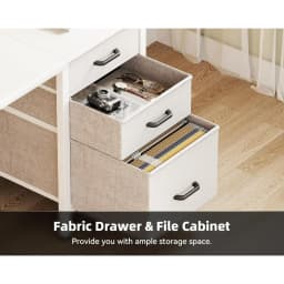 40" Small Home Office Computer Desk Snow White Fabric Drawers File Cabinet Storage Bag Hook Writing Desk for Bedroom Small Space
