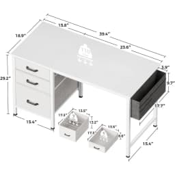 40" Small Home Office Computer Desk Snow White Fabric Drawers File Cabinet Storage Bag Hook Writing Desk for Bedroom Small Space