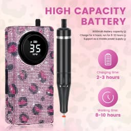Pink Leopard Print Electric Nail Drill 35000RPM Portable Nail File Faster Removal Acrylic Nails & Large Battery Capacity