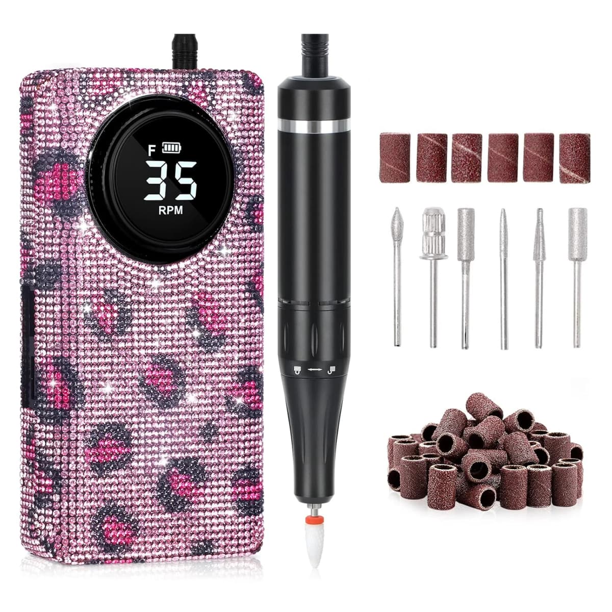 Pink Leopard Print Electric Nail Drill 35000RPM Portable Nail File Faster Removal Acrylic Nails & Large Battery Capacity