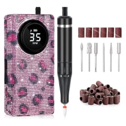 Pink Leopard Print Electric Nail Drill 35000RPM Portable Nail File Faster Removal Acrylic Nails & Large Battery Capacity