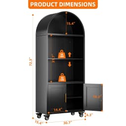 Black Metal Arched Bookcase with Wheels 2 Adjustable Shelves Home Office Living Room, Customized