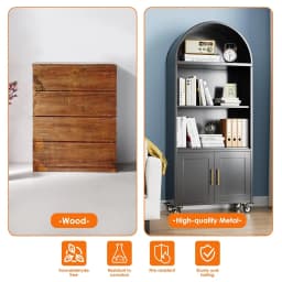Black Metal Arched Bookcase with Wheels 2 Adjustable Shelves Home Office Living Room, Customized