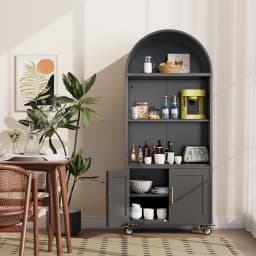 Black Metal Arched Bookcase with Wheels 2 Adjustable Shelves Home Office Living Room, Customized