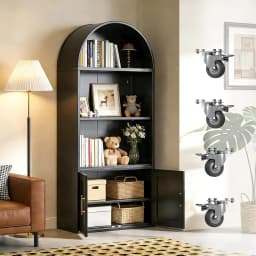 Black Metal Arched Bookcase with Wheels 2 Adjustable Shelves Home Office Living Room, Customized