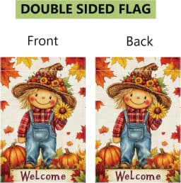 Fall Pumpkin Scarecrow Garden Flag 12x18 Double Sided Burlap Thanksgiving Maple Leaf Sunflower Farmhouse Rustic Yard Decor