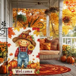 Fall Pumpkin Scarecrow Garden Flag 12x18 Double Sided Burlap Thanksgiving Maple Leaf Sunflower Farmhouse Rustic Yard Decor