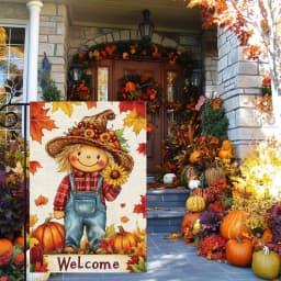 Fall Pumpkin Scarecrow Garden Flag 12x18 Double Sided Burlap Thanksgiving Maple Leaf Sunflower Farmhouse Rustic Yard Decor