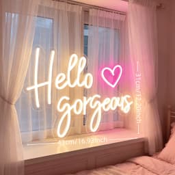 Hello Gorgeous Neon Sign with Pink Heart, Warm White LED Neon Light for Wall Decor, Aesthetic Bedroom & Party Decor, USB Powered
