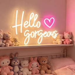 Hello Gorgeous Neon Sign with Pink Heart, Warm White LED Neon Light for Wall Decor, Aesthetic Bedroom & Party Decor, USB Powered