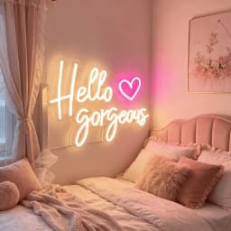 Hello Gorgeous Neon Sign with Pink Heart, Warm White LED Neon Light for Wall Decor, Aesthetic Bedroom & Party Decor, USB Powered